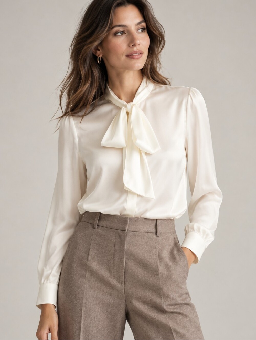 NWT QUINCE Washable Stretch Silk Tie Neck Pussy Bow Blouse In Ivory Small